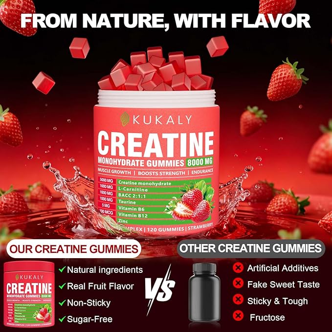 Creatine Monohydrate Gummies for Men & Women, 8500MG Creatine Gummies Sugar Free Strawberry Flavored with L-Taurine, BCAA 2:1, B12 B6 for Boost Strength, Focus & Endurance, Vegan, Non-GMO, 120pcs