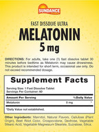 Sundance Melatonin 5mg Fast Dissolve Tablets | 60 Count | Natural Berry Flavor | Vegetarian, Non-GMO, and Gluten Free Supplement