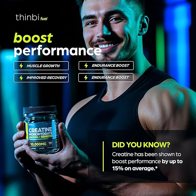 Thinbi Creatine Gummies Monohydrate Complex 10,000mg for Men & Women -120 Gummies Advanced Formula W/L-Taurine + Vitamin B12 for Muscle Strength, Muscle Builder, Energy Boost, Pre-Workout Supplement