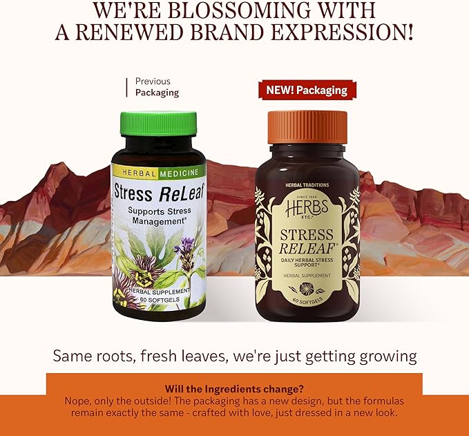 Herbs Etc. Stress ReLeaf - Herbal Supplement to Support Relaxation - Stress Support Supplemment - Gluten-Free - 60 Softgels (60 Servings)