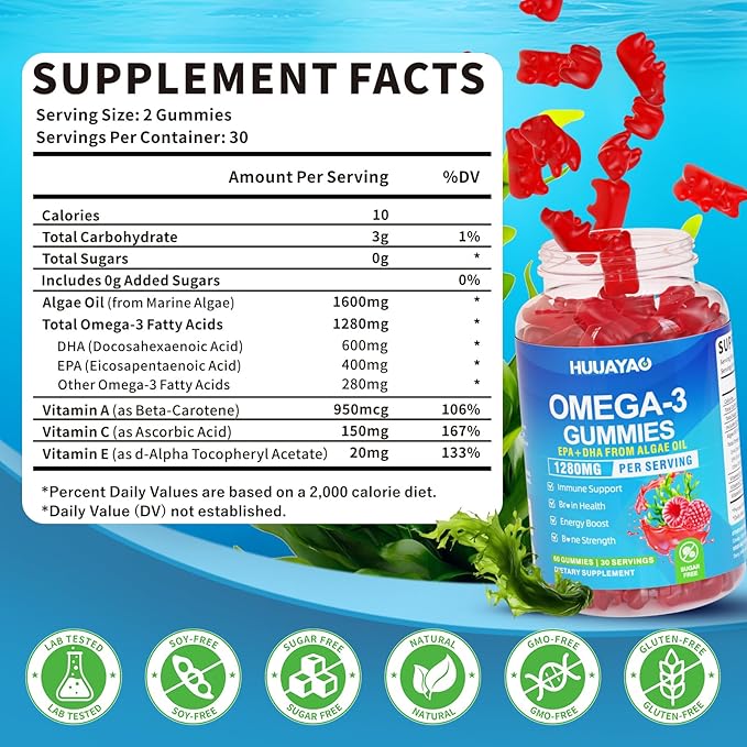 Vegan Omega-3 Gummies 1028mg, Omega 3 Fish Oil Alternative for Adults w/EPA 400mg & DHA 600mg & Vitamin A, C, E Supports Brain, Eye & Immune Health, Sugar Free, Raspberry Flavor, 60 Count