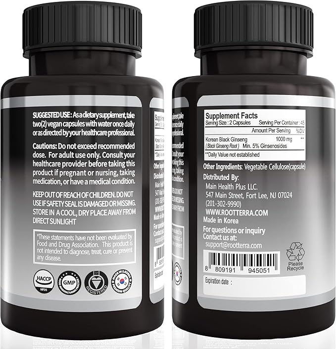 GeumHeuk Korean Black Ginseng Capsule 1000mg Supplement - Non GMO, High Ginsenosides, High Absorption Rate, Enhance Immunity, Metal Performance, Stamina & Energy, Men & Women - 90 Vegan Capsules