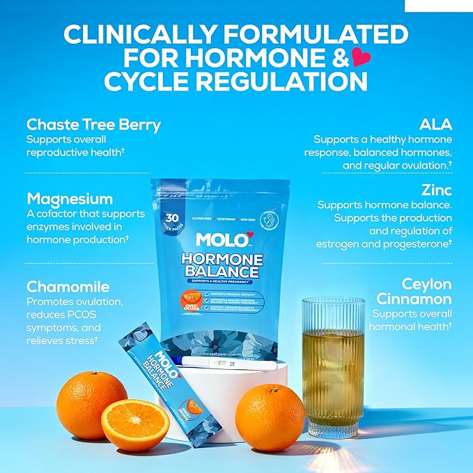 MOLO Hormone Balance for Women – ALA for Cycle Regulation, Magnesium & Zinc for Mood Support and Hormone Balance - 30 Stick Packs with Sweet Orange Flavor – Vegetarian, Gluten-Free & Non-GMO