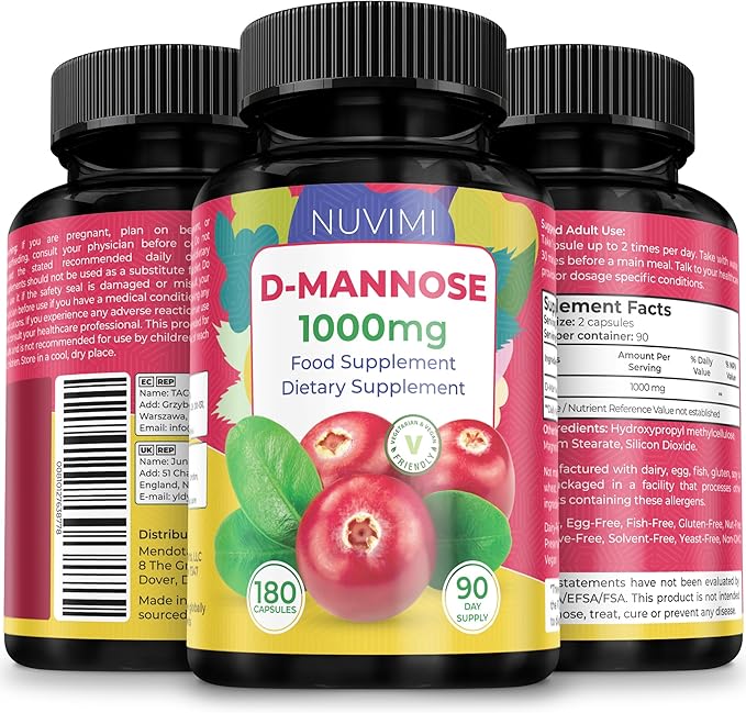 D Mannose 180 Capsules - 1000 mg per Dose - Dietary Supplement Helps Promote Urinary Tract Health - Natural Vegan UTI Defense