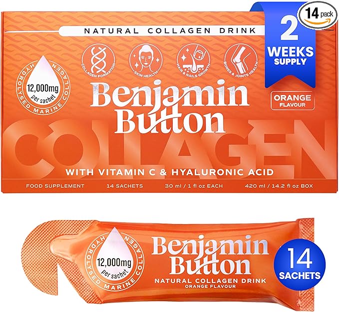 12,000mg Marine Collagen Liquid Shots| High Strength Hydrolyzed Marine Collagen Peptides w/Hyaluronic Acid & Vitamin C for Skin, Hair & Joints | Orange, 14 Daily Servings 30ml