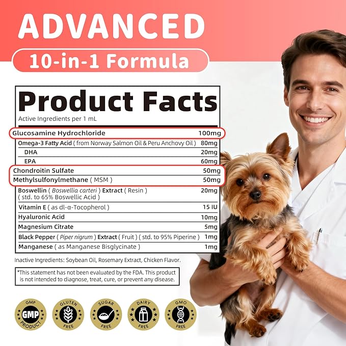 Joint Supplement for Dogs - 10 in 1 Hip and Joint Supplement Drops with Hyaluronic Acid, Liquid Glucosamine for Dogs with Chondroitin, MSM & Omega 3-2 FL.Oz - for All Breeds & Sizes