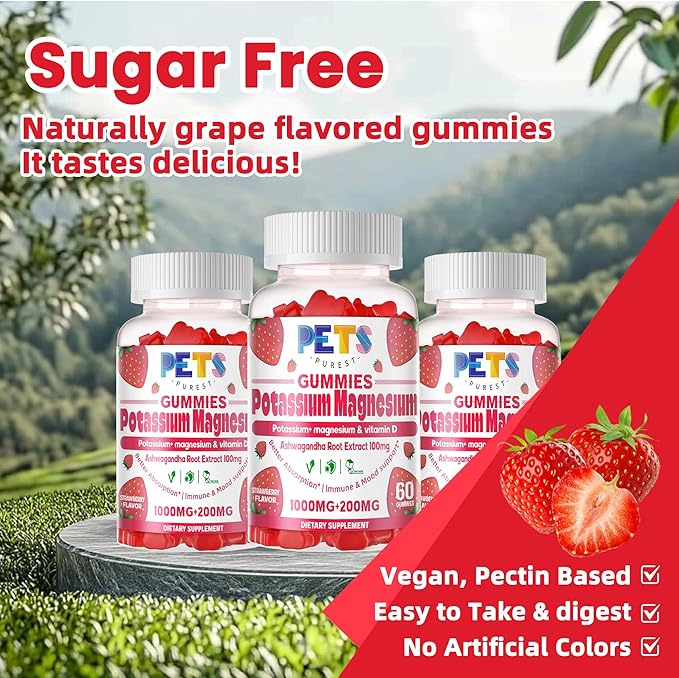 Potassium Magnesium Gummies - High Absorption Magnesium Glycinate & Potassium Citrate Plus Omega 3, B6, D3, K2 & Calcium - Chewable Gummy for Leg Cramps, Immunity & Energy Strawberry 60 Gummies