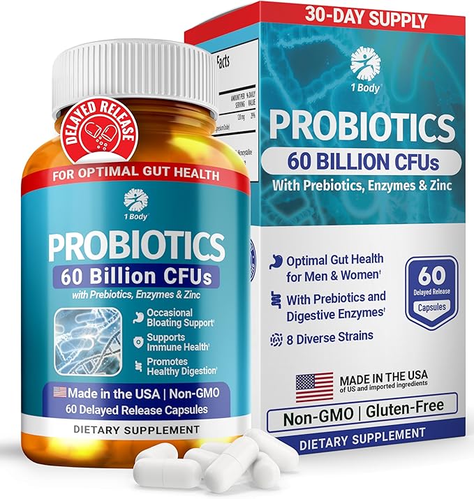 1 Body 60 Billion Probiotics for Men & Women, Gut Health for Men & Women with Prebiotics, Digestive Enzymes, Zinc & L-Glutamin, Non-GMO, 60 Vegan Digestive Probiotic Capsules