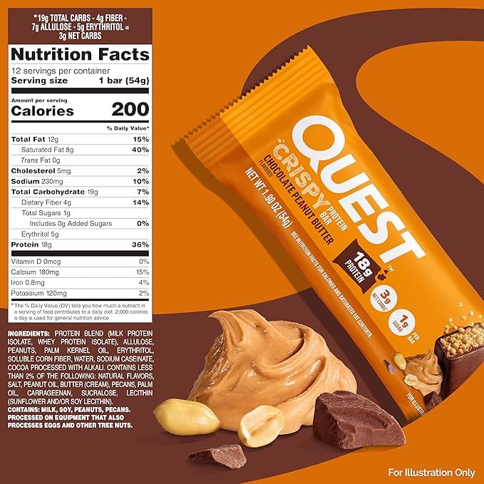 Quest Nutrition Crispy Chocolate Peanut Butter Hero Protein Bar, 18g Protein, 1g Sugar, 3g Net Carb, Gluten Free Protein Snack, Keto Friendly, 4 Count