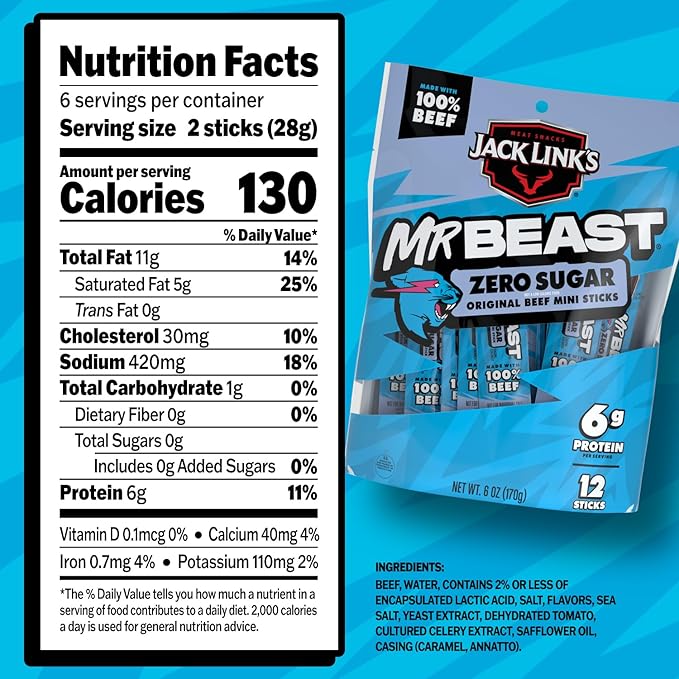 Jack Link’s x MrBeast Beef Sticks, Zero Sugar Mini Beef Sticks, As Seen on Beast Games, 6g Protein, Made with 100% Real Beef, Pantry-Ready Snacks, 12 Count