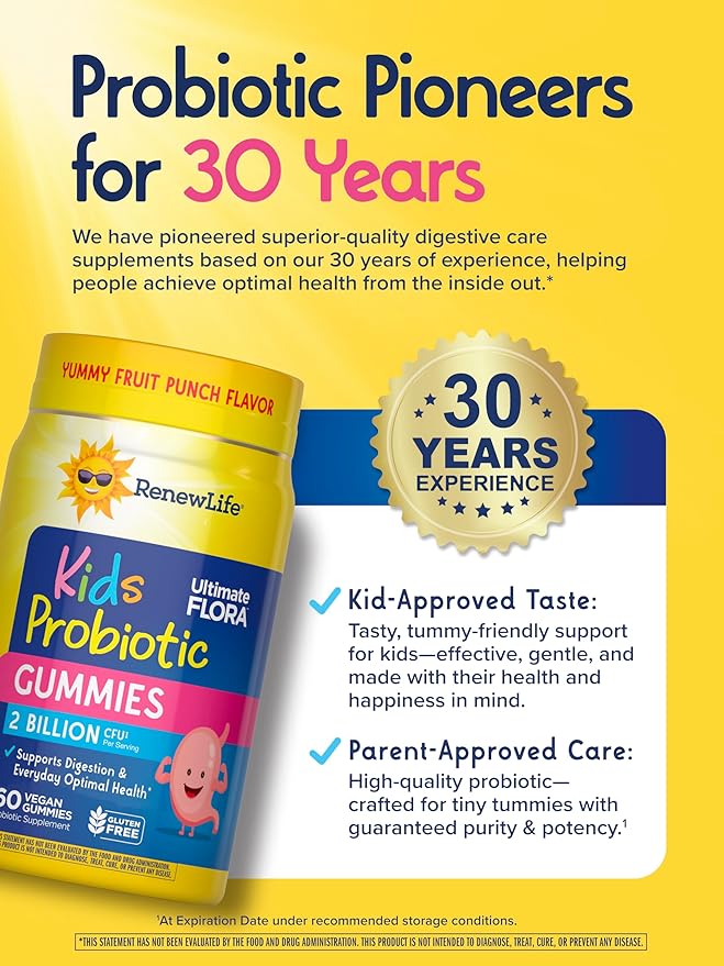Renew Life Kids Probiotic Gummies, Daily Supplement Supports Overall Health and Optimal Digestion, Dairy and Soy Free, 2 Billion CFU, 60 Count