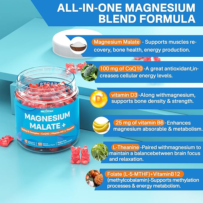 Magnesium Malate Gummies - Magnesium 400mg, L-5-MTHF Folate 680mcg, Methyl B12, B6, L-Theanine & CoQ10 - Sugar Free Methylated Magnesium Complex for Women Men, Methylation, Energy, Muscle & Calm,2Pack