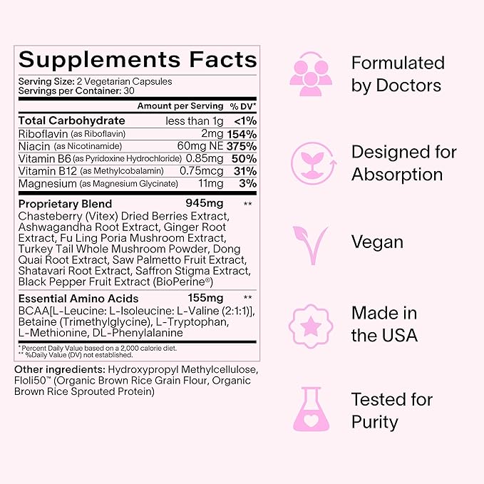 Ladywell Daily Hormone Balance Capsules | Natural Cycle Support for Women | Supports Mood, Bloating, Cramps, Skin Health & Cravings | with Chasteberry, B Vitamins, Ashwagandha, Saffron & More | 60 Ct