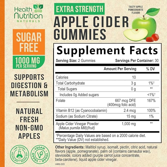 Apple Cider Vinegar Gummies - Sugar Free - Apple Cider Vinegar Powder 1000mg Per Serving - Max Strength ACV Gummy Vitamins - B12 & The Mother - Metabolism & Energy Support - Keto & Vegan - 60 Gummies