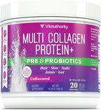 Multi Collagen Probiotics for Women Prebiotics Protein Powder | 20g Collagen Peptides Hyaluronic Acid Vitamin C & Fibersol Prebiotic Support Skin Elasticity Digestion Gut Health Unflavored 20 Servings