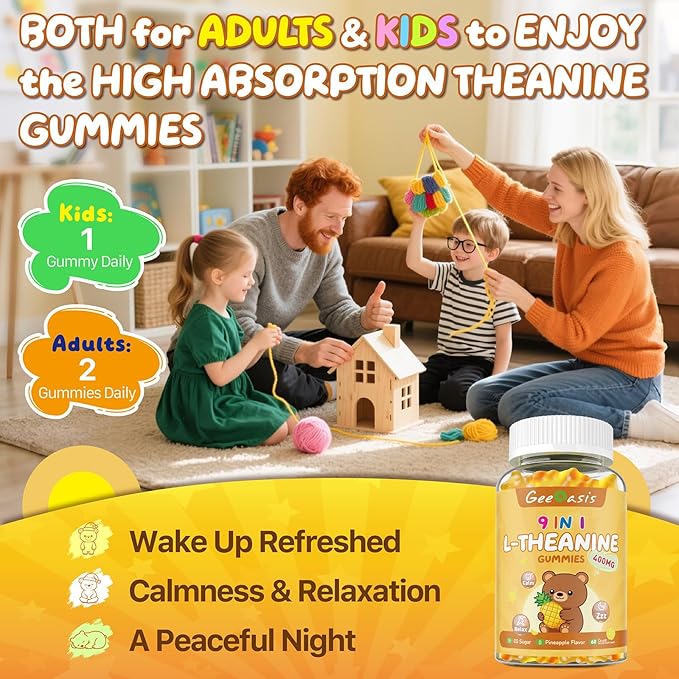 L-theanine 400mg Gummies, l theanine Supplement for Kids & Adults, 9 in 1 High Absorption Theanine Complex for Stress & Focus Support, Pineapple Flavor, 60 Count