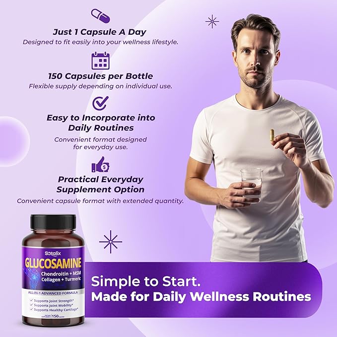 Sotalix Glucosamine 650mg – All-in-1 Joint Support with Chondroitin, MSM, Collagen, Turmeric, Vitamin D3 & Hyaluronic Acid – 150 Capsules – Shellfish-Free