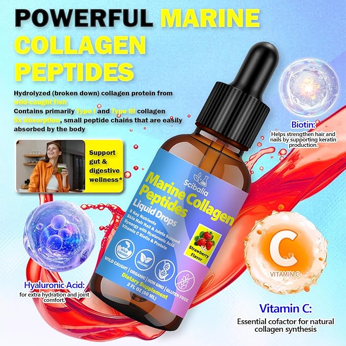 Marine Collagen Peptides Liquid Drops, Hydrolyzed Multi Type I & III Collagen w. Hyaluronic Acid Biotin Vitamin C for Joint, Skin, Hair & Nail, Liquid Marine Collagen High Absorption for Women Men