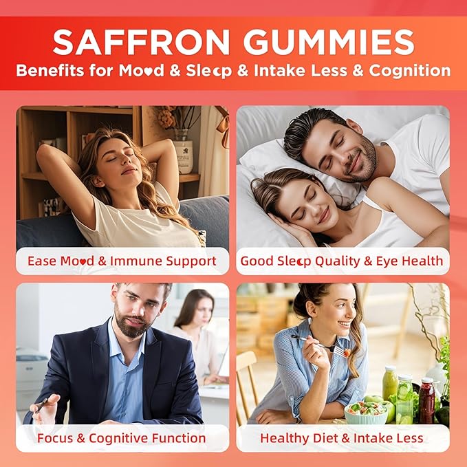 Saffron Gummies for Adult Kids, 10-IN-1 Saffron Supplements with Saffron Extract 88.5 mg, Vitamin D3, B6, B12, L-Theanine, St. John's Wort, Ashwagandha for Mood, Focus, Calm, Melatonin-Free, 60 Count