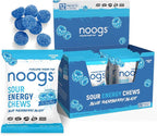 Noogs Sour Energy Chews, Blue Raspberry Blast Electrolyte Energy Gummies, Sour Candy Flavored Alternative to Running Gels, Vegan, Gluten Free & Caffeine Free, 12 Pack
