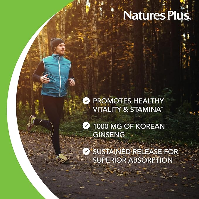 NaturesPlus Herbal Actives Korean Ginseng, Extended Release - 1000 mg, 30 Vegan Tablets - Adaptogenic Herbal Supplement, Antioxidant - Vegetarian, Gluten-Free - 30 Servings