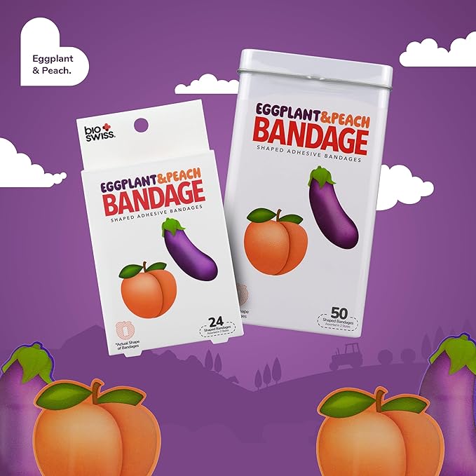 BioSwiss Funny Bandages, Eggplant and Peach Shaped Adult Novelty Self Adhesive Bandage Set, Latex Free, Sterile Wound Care, 50 Count