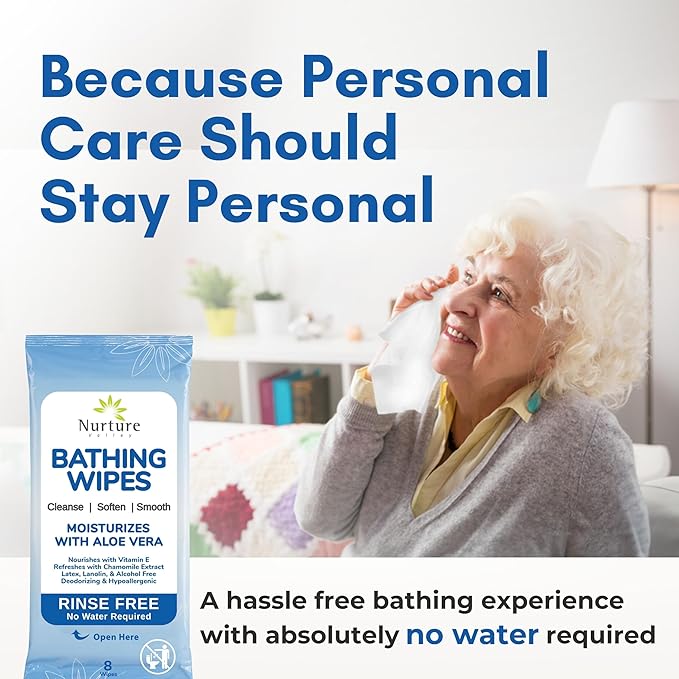 Nurture Rinse Free Bathing Wipes for Adults w/Aloe Waterless Cleansing for sensitive skin Disposable Adult Body Bath Wet Wipe for Disabled Bedridden (Pack of 40 (individually wrapped))