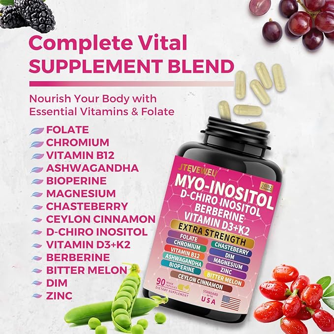 Myo Inositol Supplement - Women's All-in-One Supplement - with Myo-Inositol, D-Chiro Inositol & 13+ Extra Strength Ingredients -（90 Capsules）