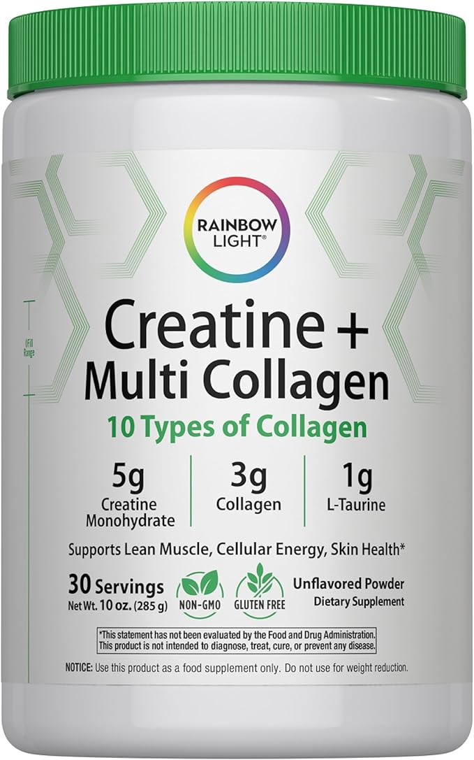 Rainbow Light Creatine + Multi Collagen | 10 Ounce | 5g Creatine Monohydrate Plus 10 Types of Collagen | Supports Lean Muscle, Cellular Energy & Skin Health | Unflavored Powder