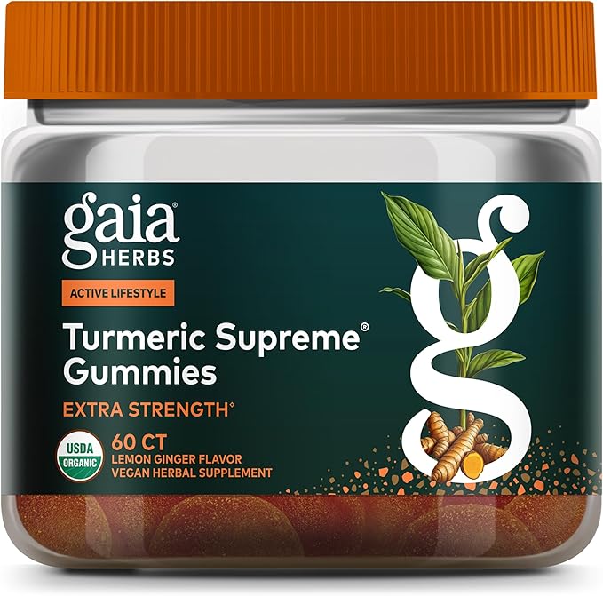 Gaia Herbs Turmeric Supreme Gummies Extra Strength - Supports Healthy Inflammatory Response in Healthy Individuals* - Lemon Ginger Flavor - 60 Vegan Organic Gummies (20 Servings)