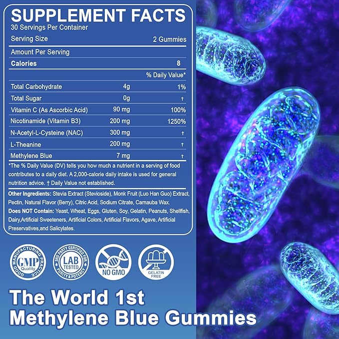 LILICARE Methylene Blue Gummies for Humans, Brain Supplement with NAC, VIT B3 & L-Theanine, Brain & Mitochondrial Support, Enhances Energy, Focus and Cognitive Clarity, Sugar Free, 120 Ct
