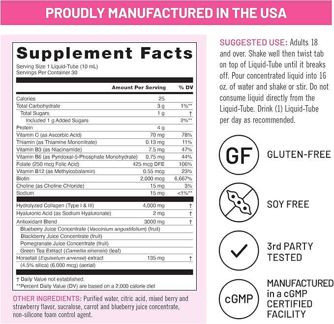 NatureWise Hydrolyzed Liquid Collagen for Women & Men 4000mg - High Absorption, Type 1 & 3 Peptides with Biotin + Vitamin C + Vitamin B Complex & Hyaluronic Acid -Mixed Berry - 30 Tubes[30 Day Supply]