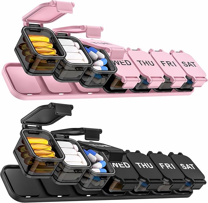 2-Pack Extra Large Weekly Pill Organizer - XL Vitamin Holder with 7 Detachable Compartments, Portable Medicine Pill Organizer for Supplements, Daily Pill Case for Home and Travel