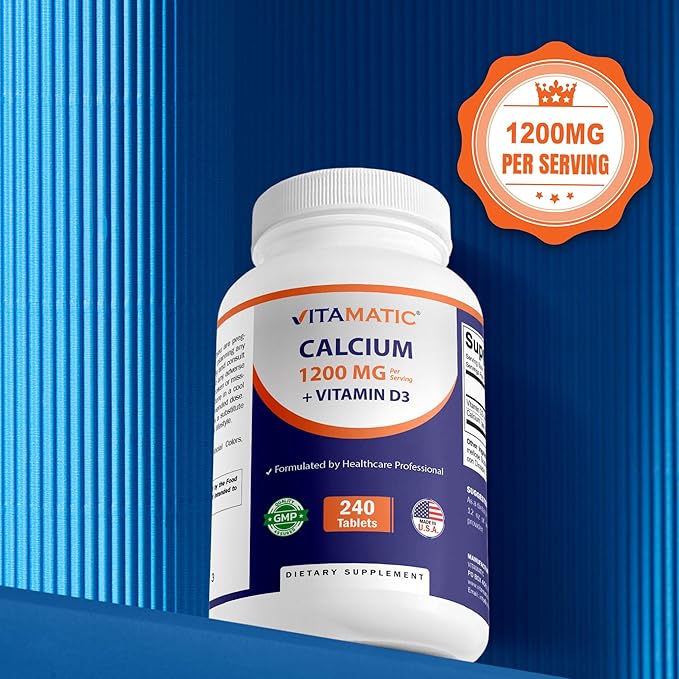 Vitamatic Calcium 1200mg with Vitamin D3 2000 IU (50mcg) – Bone & Immune Support Formula – 240 Tablets – High Absorption Calcium Carbonate with D3 – Non-GMO, Gluten-Free
