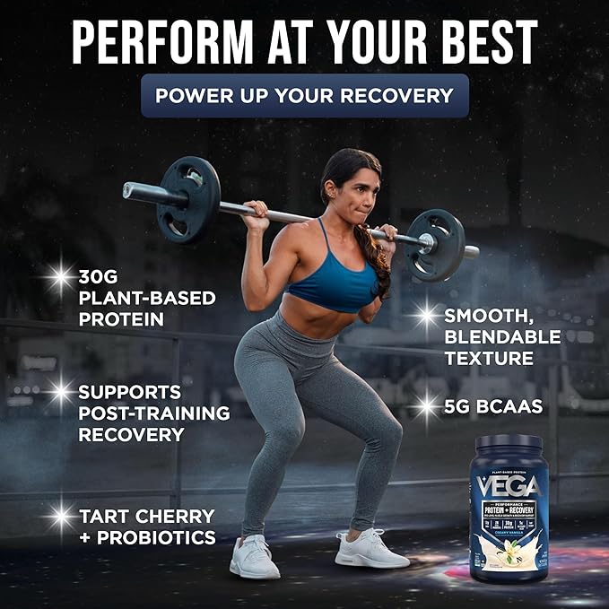 Vega Sport Vegan Protein Powder + Recovery - 30g Plant Based Protein per Serving, Vanilla, 20 Servings, 5g BCAAs, Probiotics, NSF Certified, for Shakes & Smoothies, 1.8lbs (Packaging May Vary)