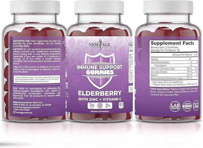 NEW AGE Immune System Support Gummies - Sambucus Black Elderberry Gummies with Vitamin C and Zinc (60 Count (Pack of 1))