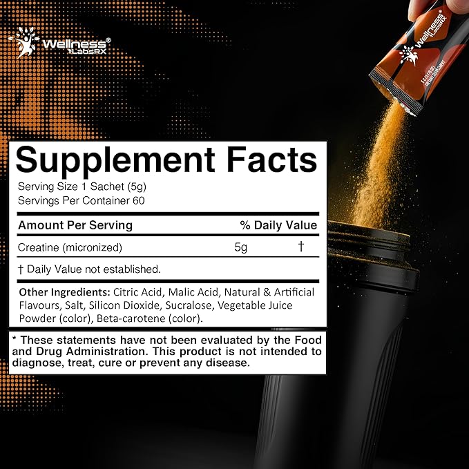 WELLNESS LABSRX Creatine Monohydrate Powder Sachets 300g – Mango Flavor Micronized Creatine Powder Supplement, Creatine for Women and Men, Supports Muscle Strength, Energy, Performance - 60 Servings