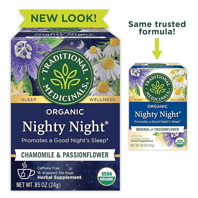 Traditional Medicinals Organic, Nighty Night Tea, Chamomile & Passionflower - Herbal Sleep Aid Teas - Kosher, Non-GMO, Caffeine-Free, Compostable - 16 Tea Bags