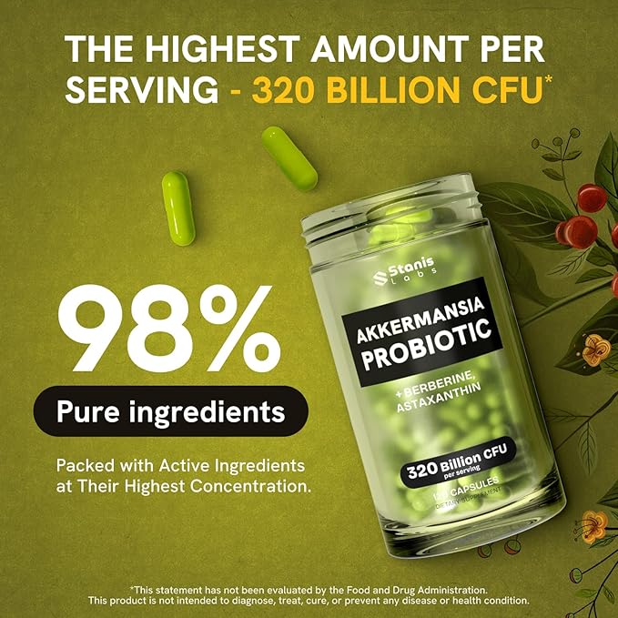 Akkermansia Muciniphila Probiotics 320 Billion CFU| Probiotic and Prebiotic | Akkermansia Probiotics for gut health | Inulin Prebiotic Fiber Capsules Astaxanthin & Berberine & Chromium | 120 capsules