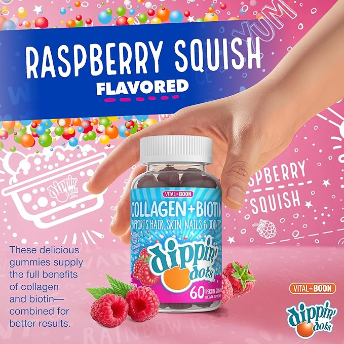 Vital+Boon Dippin' Dots - Biotin Collagen Gummies for Women and Men - Hair, Skin & Nails Support - 10,000 mcg Biotin - Vegetarian, Non-GMO, Gluten-Free (60 Count)