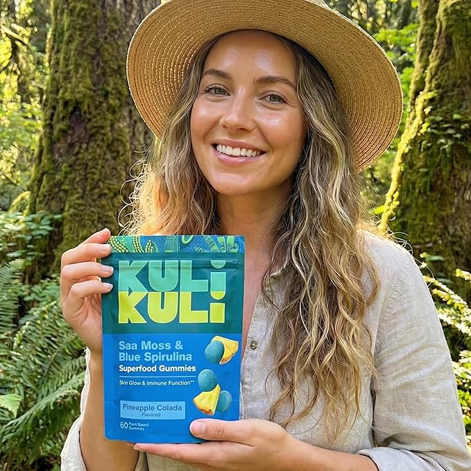 Kuli Kuli Sea Moss & Blue Spirulina Superfood Gummies - Pineapple Colada Flavor, 60 Count - Plant-Based Irish Sea Moss with Baobab & Vitamin C for Skin Glow, Immune Support & Collagen (1 Month Supply)