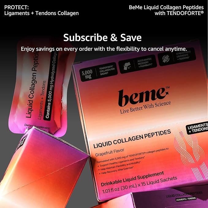 BeMe Liquid Collagen Peptides - Tendon & Ligament Supplements for Injury Prevention & Tissue Repair. Liquid Shots with TENDOFORTE for Active Recovery, Gym Performance Athletes - 15 Grapefruit Sachets