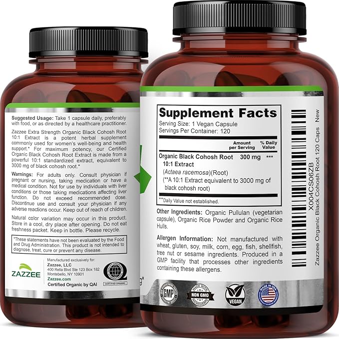 Zazzee USDA Organic Black Cohosh 10:1 Extract, 120 Vegan Capsules, 4 Month Supply, Actaea Racemosa, Women’s Health & Hormonal Balance Support, All-Natural, Non-GMO, Made in the USA