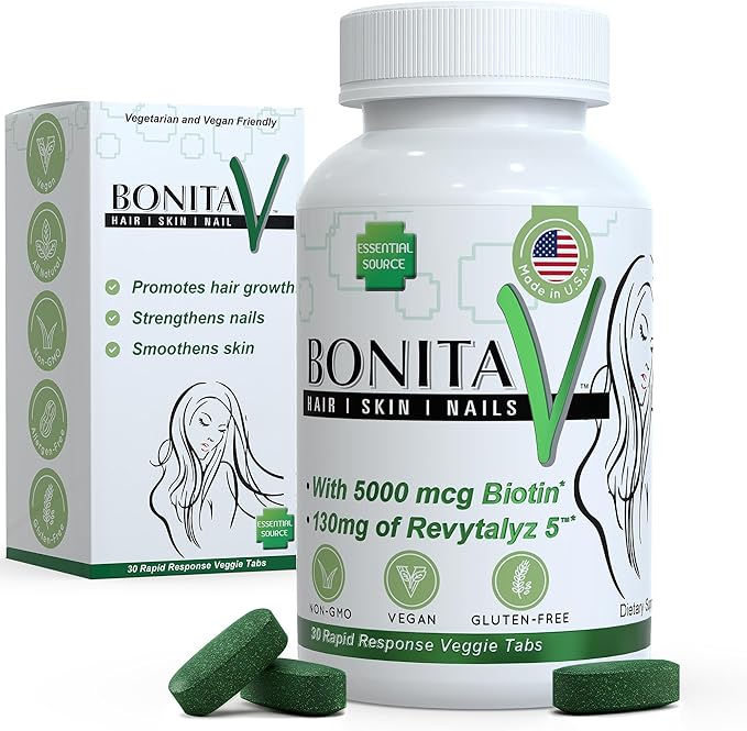 Essential Source Biotin (Biotina Vitaminas) - Hair Skin Nails Vitamins for Women & Men - 5000 mcg - Hair Growth Support Supplements - 30 Tablets - with Revytalyz 5, Vitamin A, C, B12 - Made in USA