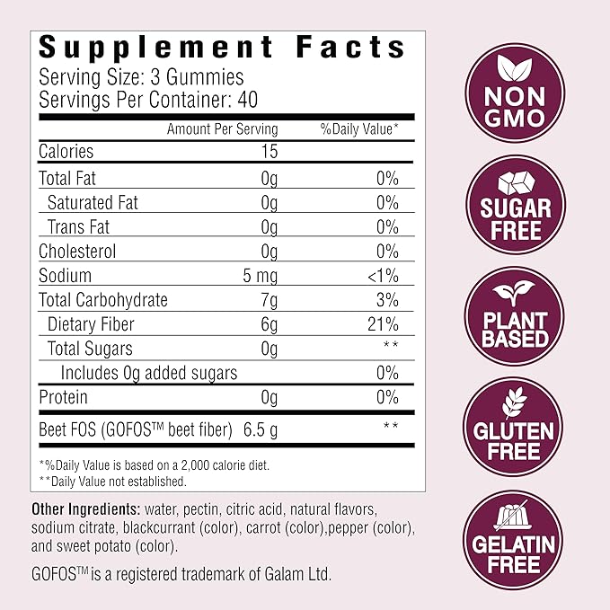 Country Farms Fiber Care Prebiotic Gummies,6g of Fiber Per Serving,GLP-1 Booster,FOS from Beets,Digestive Health and Bloat,Supports Regularity,Mixed Fruit Flavor,120 Gummies,40 Servings,(Pack of 2)