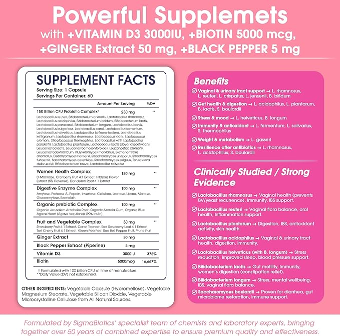 Women's Probiotics 150 Billion CFU – 34 Strains with Organic Prebiotics & Digestive Enzymes – Urinary Tract & Digestive Health – 60 Vegan Capsules with D3 and Biotin – Gluten-Free, Non-GMO, Dairy-Free
