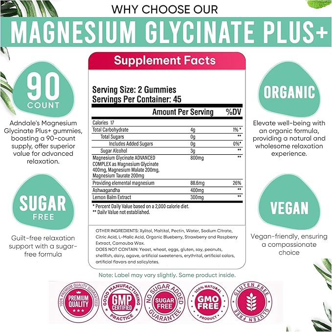 Adndale 180 CT Magnesium Glycinate Gummies 400 mg/Serv with Ashwagandha, Magnesium Malate & Taurate, Sugar Free Chews for Adults & Kids