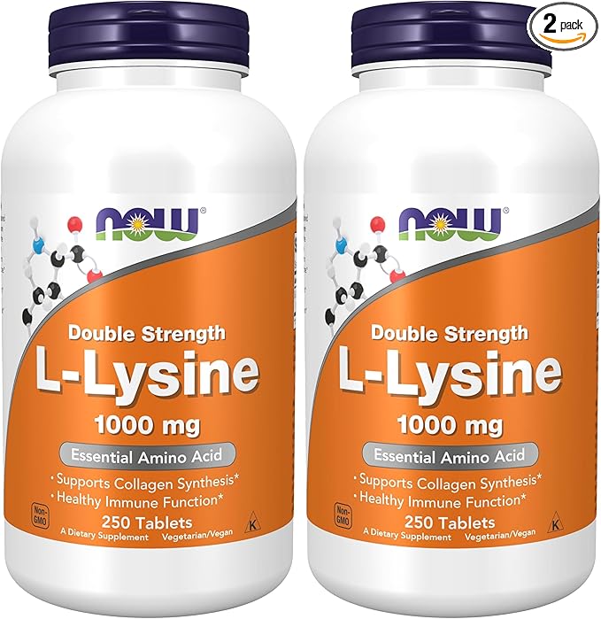 NOW Foods Supplements,L-Lysine (L-Lysine Hydrochloride) 1,000 mg,Double Strength,Amino Acid,250 Tablets,(Pack of 2)