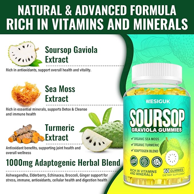 Soursop Graviola Gummies, Max Strength Soursop Leaves Extract with Sea Moss, Turmeric for Cell Support & Regeneration, Immunity, Liver and Antioxidant, Sugar/Gluten Free, Vegan - 60 Soursop Gummies