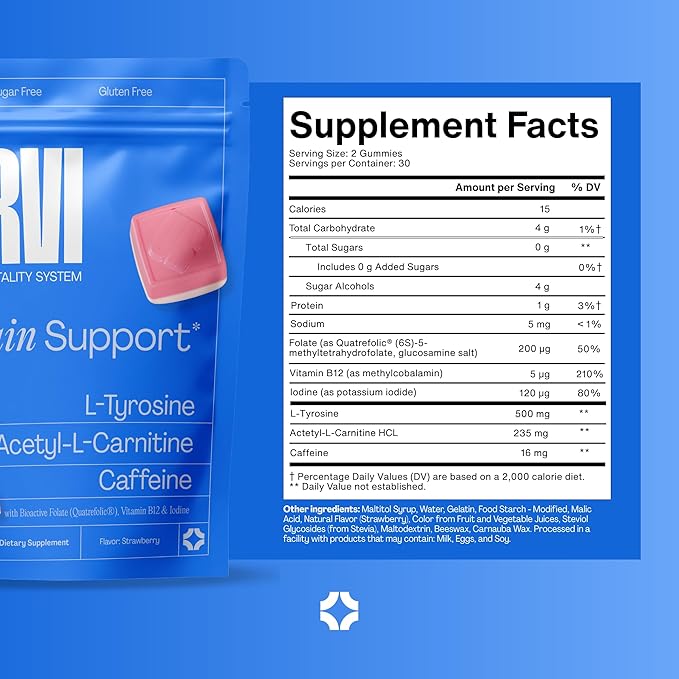 URVI® Brain Gummies – L-Tyrosine, Acetyl-L-Carnitine, Caffeine, L Methyl Folate (Quatrefolic® 5-MTHF), Vitamin B12 & Iodine – Boosts Energy & Focus – Sugar-Free – Strawberry Flavor – 60 Gummies